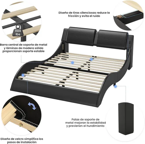 Vista 8 de DICTAC - Marco de cama Queen con luces LED y puertos de carga, cama moderna tapizada tamaño Queen con cabecera, marco de cama de plataforma