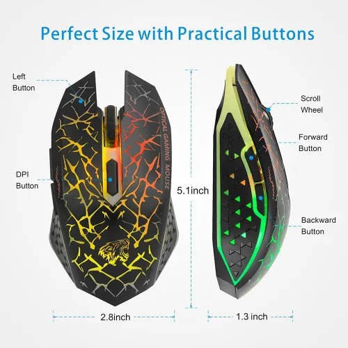 Vista 4 de Uciefy Q8 - Ratón inalámbrico para computadora para juegos, 2.4 GHz USB óptico recargable ergonómico LED inalámbrico silencioso ratón, 3 DPI