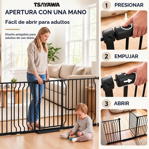 Vista 3 de Puerta para bebé extra ancha con puerta, 52.76 ~ 62.2 pulgadas de ancho, montada a presión, sin taladro, puerta de metal con cierre automático