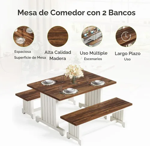 Vista 5 de LITTLE TREE Juego de mesa de comedor para 4 personas con 2 bancos, mesa de cocina moderna con tablero de MDF, comedor que ahorra espacio