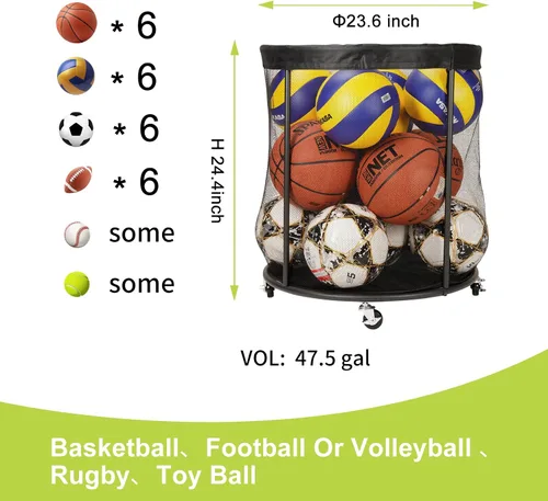 Vista 5 de Organizador de equipo deportivo para garaje, soporte de pelota de malla para fútbol, baloncesto, voleibol, béisbol, carrito de pelota de 48 galones