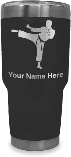 Vista 29 de LaserGram Vaso aislado al vacío de 20 onzas, Karate Man, grabado personalizado incluido (negro) Engraved Gift, Vacuum Insulated Stainless Steel