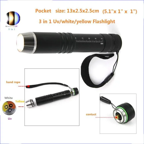 Vista 2 de QLEE Linterna LED de identificación de fluorescencia W/Y/UV, 3 LED, luz de inspección de joyas de piedras preciosas de jade para detector de manchas