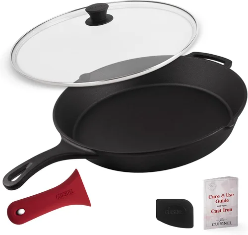 Vista 8 de Cuisinel Sartén de hierro fundido de 15" + tapa de vidrio + raspador de sartén negro + cubierta de agarre de mango de silicona - Utensilios
