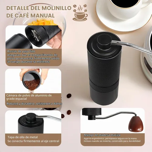 Vista 5 de Molinillo de café manual desmontable con rebabas cónicas de acero inoxidable de 25 niveles, molinillo portátil de grano de café de aluminio Negro