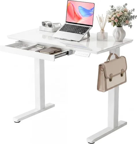 Vista 22 de INNOVAR Escritorio de pie de cristal con cajones, escritorio de pie ajustable de 32 x 19 pulgadas, escritorio de computadora de oficina en casa