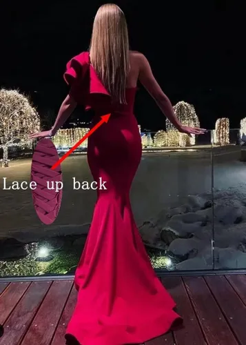 Vista 5 de Vestido de fiesta de satén de sirena de un hombro, vestido de fiesta largo de satén con volantes, verde azulado (A-teal)