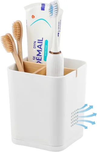 Vista 14 de Soportes para cepillo de dientes con drenaje para baños, soporte para cepillo de dientes de 4 ranuras con divisores de bambú, organizador de cepillo