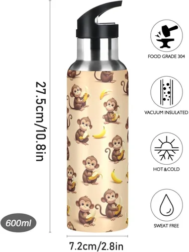 Vista 9 de Cute Cartoon Monkeys Bananas Stainless Steel Water Bottle 20 Oz, BPA-Free Sports Water Bottle Leakproof Water Bottles