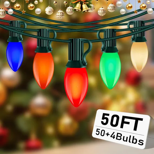 Vista 8 de Luces de Navidad C9 multicolor, 7.62 metros de cadena de luces transparentes multicolor con 26 bombillas de vidrio transparente (1 de repuesto)