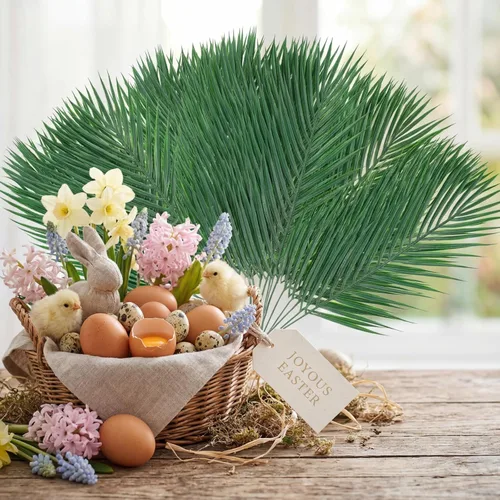 Vista 9 de Jexine 100 hojas de palma de Pascua para el domingo de Ramos, ramas artificiales falsas, tallos de árbol, plantas grandes de vegetación sintética