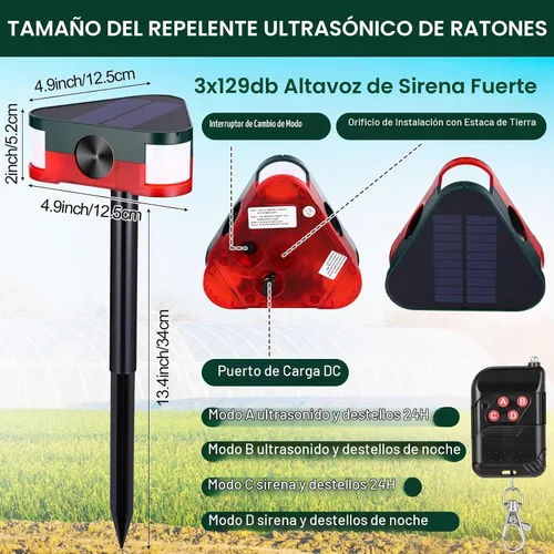Vista 2 de Qualirey Paquete de 4 alarmas solares de 360° con sensor de movimiento para exteriores, 4 modos de disuasión ultrasónica de animales con 3 sirenas