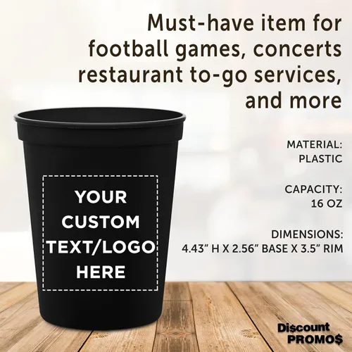Vista 4 de DISCOUNT PROMOS Vasos de plástico personalizados para estadios, 16 onzas, juego de 100, paquete personalizado a granel, perfecto para cumpleaños