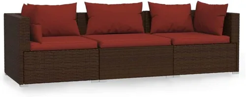 Vista 2 de Brown Wicker Patio 3-Seater Sofa with Cushions, PE Rattan Outdoor Seating Set with Steel Frame Brown and Cinnamon Red