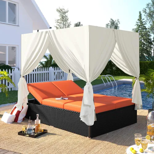 Vista 12 de Sofá cama redondo de ratán al aire libre con toldo retráctil y mesa de centro elevadora, muebles de patio, juego de sofá para piscina Garde