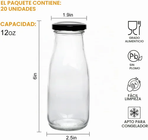 Vista 2 de QAPPDA Botellas de vidrio de 12 onzas, botellas de leche de vidrio Tapa negra