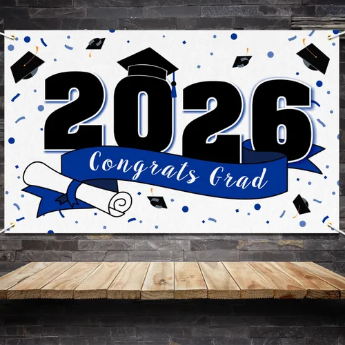 Vista 8 de Decoraciones de fiesta de graduación de felicitaciones 2026 – Cartel de fondo grande colgante de la clase de 2026, decoración de letrero de Gard Azul
