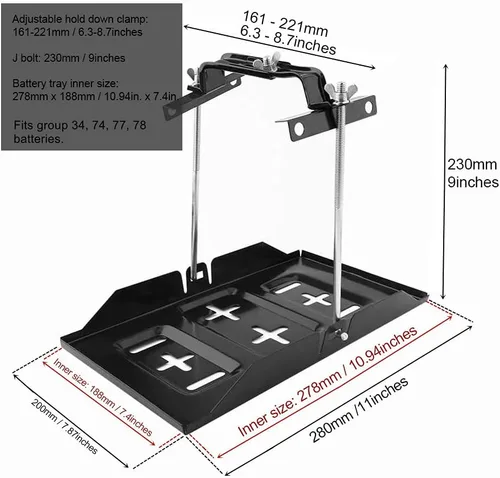 Vista 2 de Kit de sujeción de batería THEPRO, soporte de batería de acero resistente a la corrosión con abrazadera ajustable para coche, barco, marino