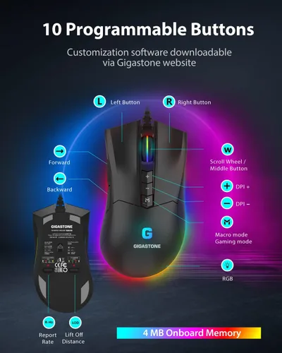 Vista 3 de Gigastone Mouse para juegos con 16000 DPI ajustable, retroiluminación RGB, sensor óptico, 10 botones programables, mouse RGB para juegos con memoria