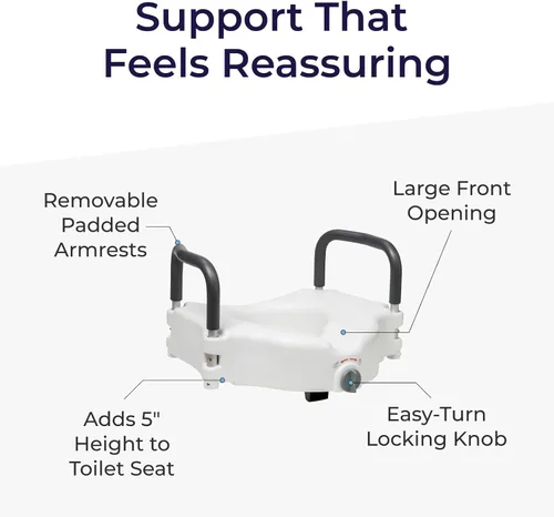 Vista 4 de Drive Medical RTL12027RA Asiento elevado para inodoro con brazos acolchados extraíbles, asiento estándar