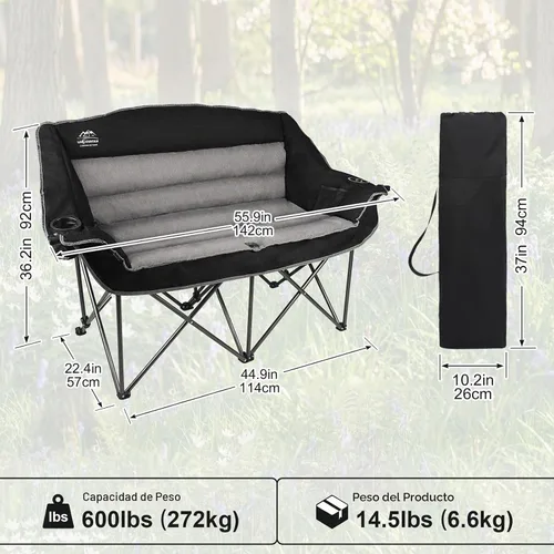 Vista 2 de Sillas de camping dobles plegables totalmente acolchadas, cómoda silla de jardín de gran tamaño con soporte para copa de vino, soporte para tazas