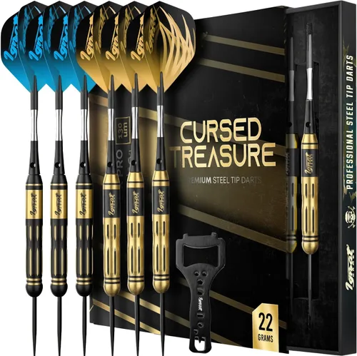 Vista 10 de Steel Tip Darts Set, Metal Tip 6 Pack, Knurled Brass Barrels, Darkborn Azul - Cristal Gótico