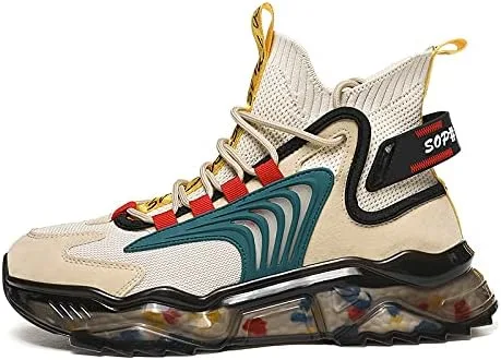 Vista 2 de Zapatos de baloncesto para hombre, zapatillas de deporte altas para correr, senderismo, deportes aéreos, atléticos, caminar, negro, beige, gris