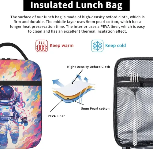 Vista 5 de SARA NELL Lonchera infantil para niños, bolsa de almuerzo de astronauta, galaxia, planeta espacial, bolsa térmica de poliéster con aislamiento