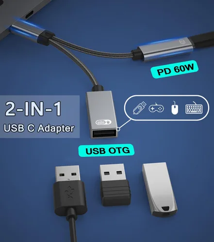 Vista 3 de AKWOR Adaptador USB C a USB OTG, divisor USB C 2 en 1 con puerto de carga PD de 60 W y puerto USB 3.0 hembra compatible con iPhone 15 Pro, MacBook