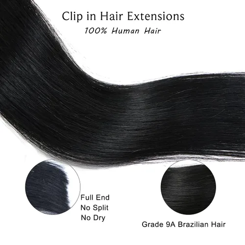 Vista 4 de Extensiones de cabello con clip Ubetta de cabello humano real, extensiones de cabello negro azabache con clip, 7 piezas, 70 g, extensiones