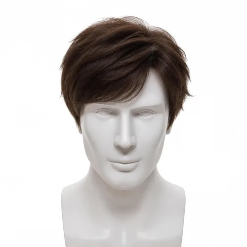 Vista 2 de Peluca corta marrón para hombre, parte lateral natural, sintética