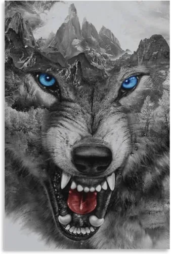 Vista 9 de Rucatto Póster de animales en blanco y negro con cabeza de lobo enojado salvaje y ojos azules, impresiones artísticas en lienzo para decoración