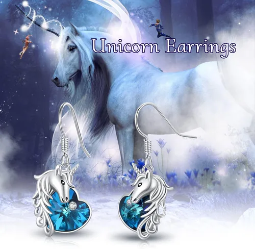 Vista 4 de Aretes de unicornio de plata de ley 925, hipoalergénicos, aretes colgantes de cristal azul, joyería de regalo de unicornio para mujeres y niñas