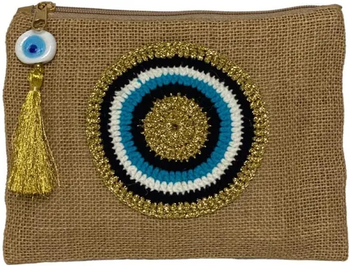 Vista 3 de Evil Eye - Bolso de mano pequeño de yute ecológico con cierre de borlas, color beige natural, Beige