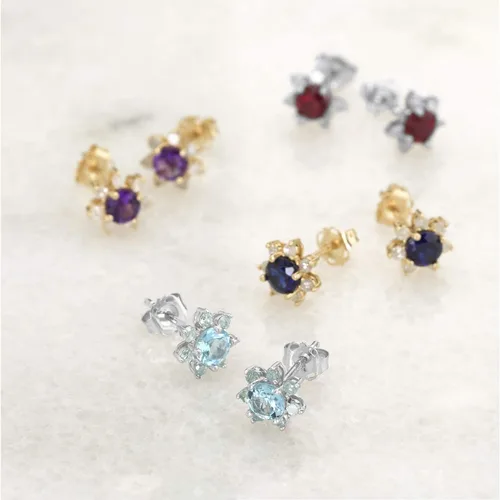 Vista 6 de Pendientes de tuerca de oro amarillo o blanco macizo de 14 quilates de 0.157in con piedras preciosas y halo de diamantes
