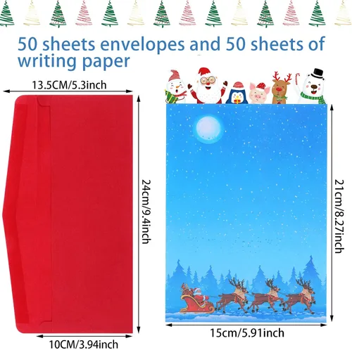 Vista 2 de Outus Kit de 100 sobres de Navidad para escribir cartas a Papá Noel, sobres de Navidad con papel de carta, sobres autoadhesivos, lista de deseos