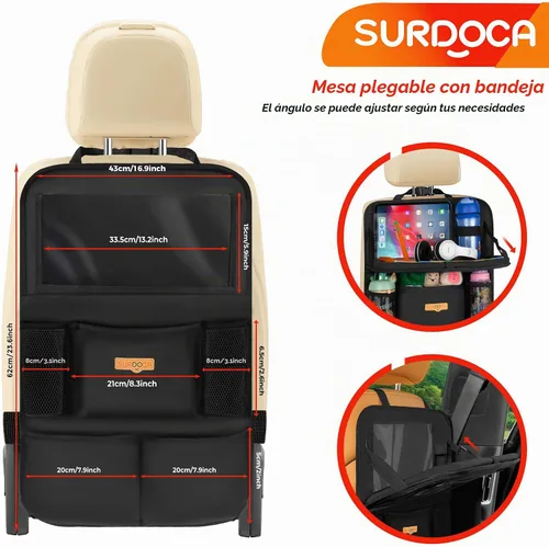 Vista 5 de SURDOCA Organizador de asiento trasero de coche con bandeja plegable para niños y adultos – NUEVO MODELO Almacenamiento de asiento con bolsillo