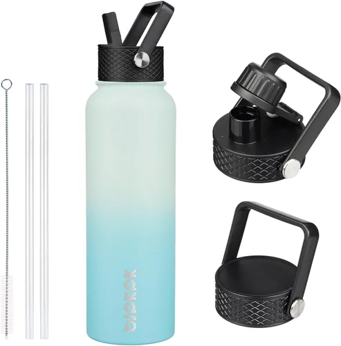 Vista 68 de BJPKPK Botellas de Agua Aisladas con Tapa de Pajita, Botella de Agua de Acero Inoxidable de 18oz, Termo Frío Caliente con 3 Tapas, Vaso de Viaje a