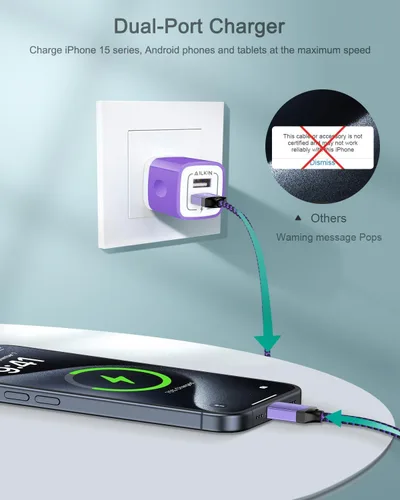 Vista 52 de AILKIN - Cargadores para iPhone con certificación MFI, cable Lightning trenzado de 6 pies de largo USB Wall Charger, Fast Charging Power Cord Plug