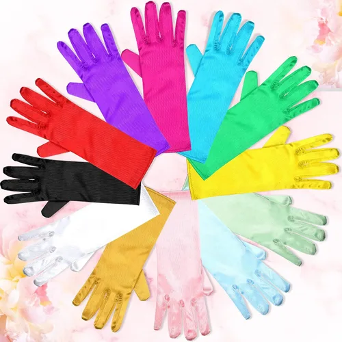 Vista 2 de 12 pares de guantes de princesa, guantes de satén, guantes largos de princesa, guantes largos de satén sedoso brillante para niñas de 3 a 8 años