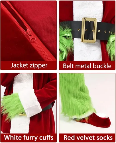 Vista 3 de Disfraz verde de Papá Noel para adultos, 8 piezas, disfraz de Papá Noel para adultos, Halloween, Navidad, disfraz de Papá Noel para hombres