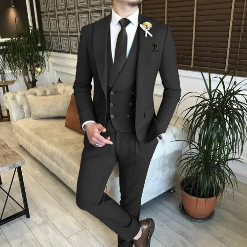 Vista 4 de Wangyue Trajes de 3 piezas para hombre, traje ajustado de doble botonadura, traje de baile de graduación, boda, fiesta, esmoquin, chaqueta, chaleco