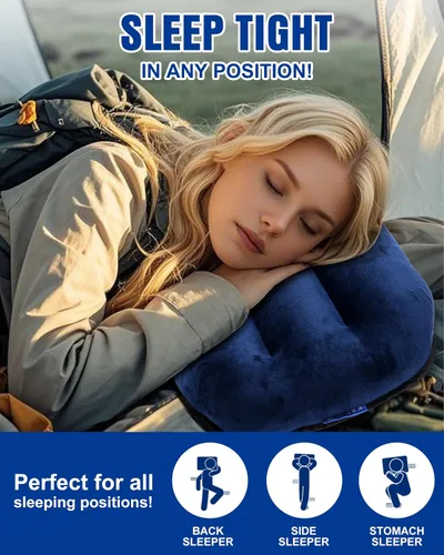 Vista 3 de Almohada inflable para acampar – Almohada de viaje compacta ultraligera, color azul picnic