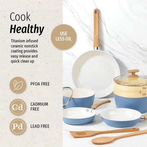 Vista 6 de GoodCook Juego de utensilios de cocina de cerámica saludable con infusión de titanio, 10 piezas, color azul claro, ollas, sartenes, vaporera