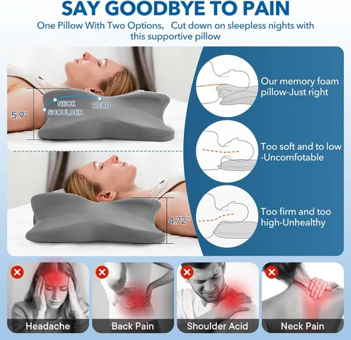 Vista 3 de Almohada cervical para aliviar el dolor de cuello, almohada ergonómica de espuma viscoelástica con funda de almohada de seda de hielo, almohada