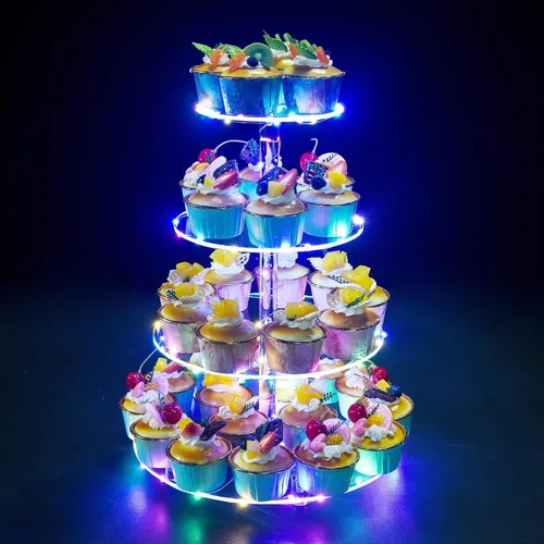 Vista 21 de Soporte para Cupcakes, Soporte Redondo para Cupcakes de 4 Niveles con Tira de Luces LED, Torre de Exhibición de Cupcakes de Acrílico para Bodas, Azul
