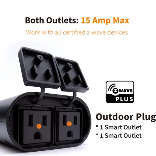 Vista 2 de Tomacorriente Inteligente Dual Z-Wave, Enchufe Inteligente Zwave para Exteriores, Tomacorriente Dual Impermeable de Encendido/Apagado, Requiere Hub
