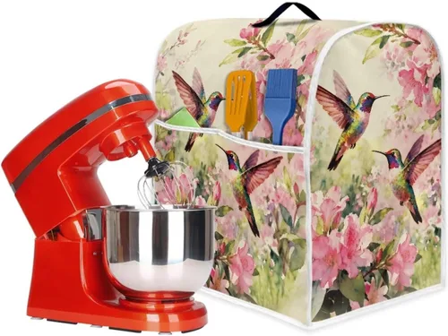 Vista 5 de Cubierta para mezclador de cocina con diseño de flores de pájaros, cubierta para procesador de alimentos con asa superior y bolsillo