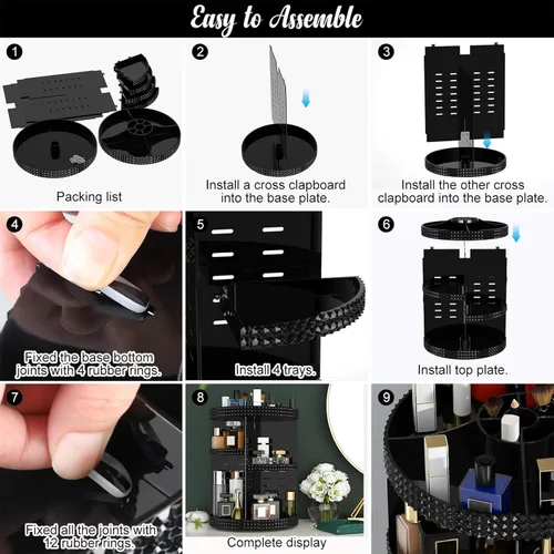 Vista 9 de Organizador de maquillaje negro con rotación de 360 grados, 7 niveles de gran capacidad, organizador de cosméticos acrílico, organizador