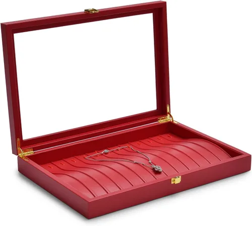 Vista 2 de Oirlv Bandeja organizadora de pulsera de cuero de lujo con tapa acrílica, vitrina de joyería, cajón de inserción, organizador de joyas para mujeres